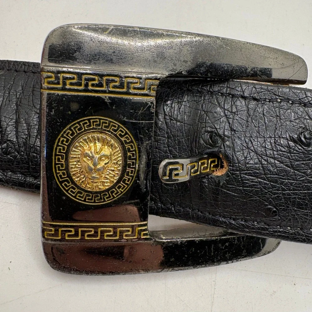 Vintage Lion Head Medusa Greek Key Black Ostrich‎ Leather Belt Size 38 Mens